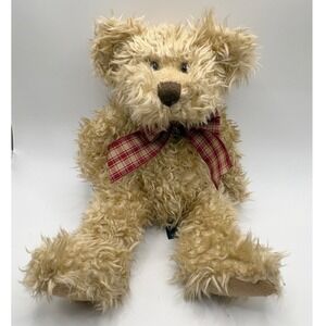 Russ Berrie Toffee Teddy Bear #4371 Shaggy Tan Plush Red Plaid‎ Bow Vintage 90s